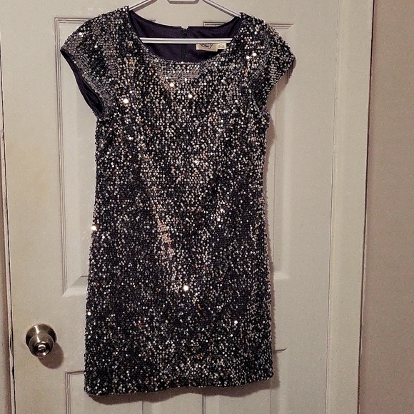 Elisa J women's sequin velvet sheath dress jewelry neck cap size 12 P or L grey - Picture 1 of 8